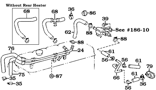 January 1990 to August 1992 FJ80 Land Cruiser heater hoses, pipes and valves