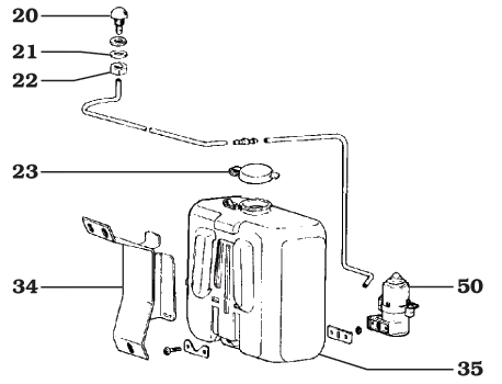 September 1971 to September 1977 40 and 55 Series windshield washer reservior and washer assembly